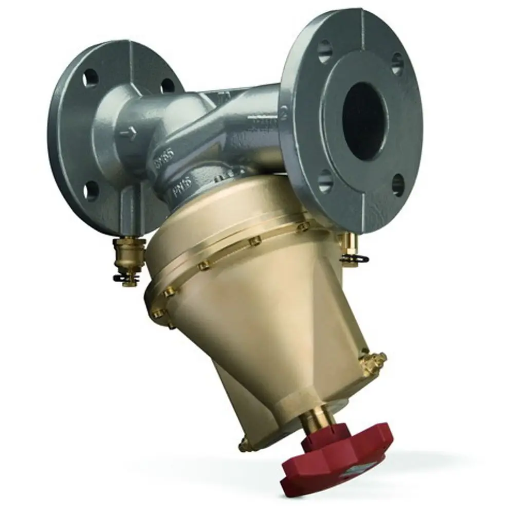 Differenzdruckregler von IMI Hydronic Engineering mit Flanschanschluss. Das Produkt zeigt eine konische Bauform mit einer roten Einstellschraube zur Druckregulierung.